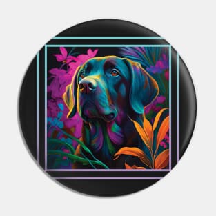 Triumphant Labrador Floral Vibrant Tropical Digital Oil Painting Pet Portrait Pin