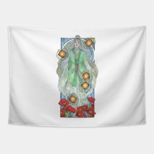 Lady of August with Peridot and Poppies Floating Obon Lanterns Water Goddess Mucha Inspired Birthstone Series Tapestry