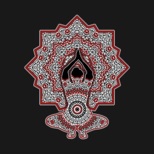 Yoga Pose In Red And Black Against Geometric Pattern T-Shirt