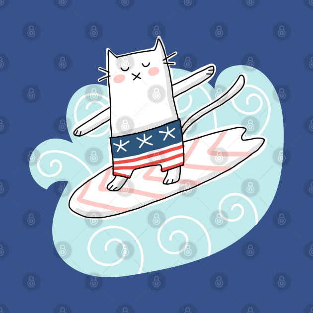 Cat Surfing in Waves by HappyCatPrints