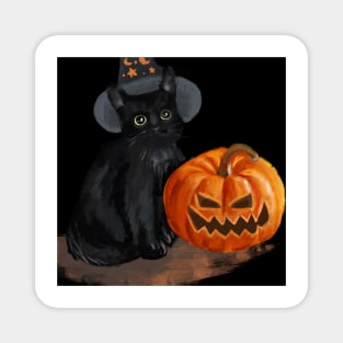 Halloween Cat with Scary Orange Pumpkin and Party Hat Magnet