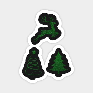 Deep Green Faux Glitter Christmas Trees and Reindeer Pack Magnet