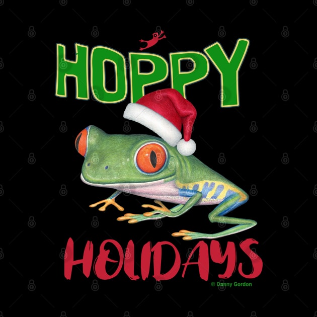 Cute Red Eyed Tree Frog on a Merry Christmas Hoppy Holidays Frog by Danny Gordon Art