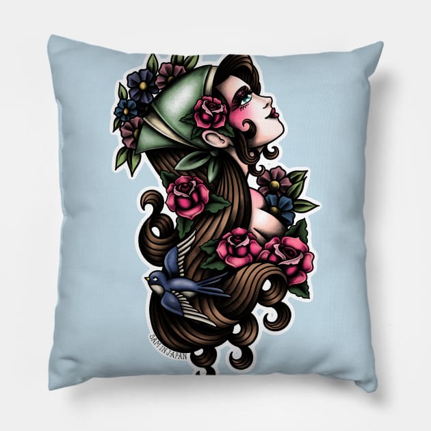 Flower Girl Aerith from Final Fantasy Tactics (FFT & FF7) in American Traditional Tattoo Portrait Style Pillow by SamInJapan