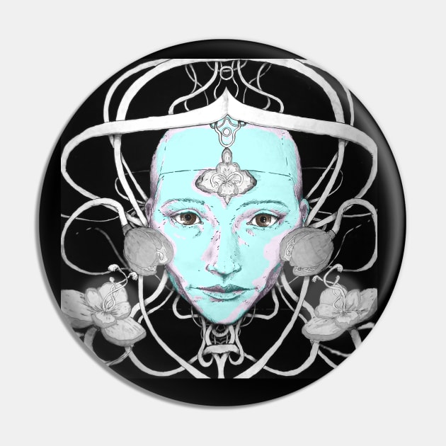 Wise cyber robot girl with blue skin entwined with mystical flowers and wires Pin by Takeshi Kolotov