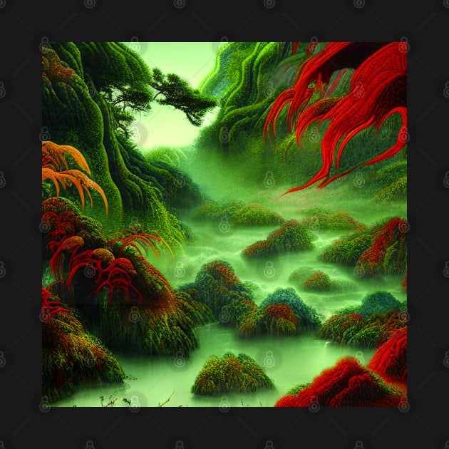 Digital Painting Scene Of a Lake Between Many Colorful Plants, Amazing Nature by Promen Art