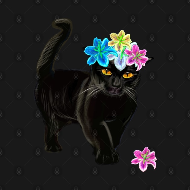 Black Cat with flower crown. Cat themed gifts for women and men by Artonmytee