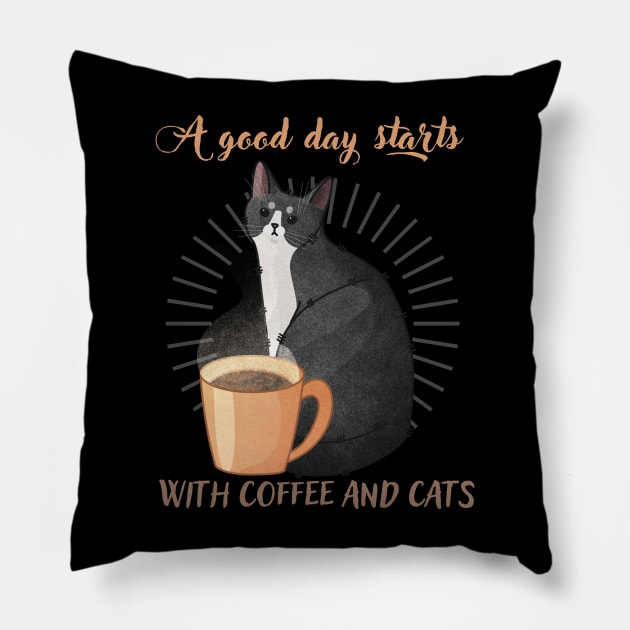 A Good Day Starts with Coffee and Cats - Tuxedo Furbaby Pillow by Feline Emporium