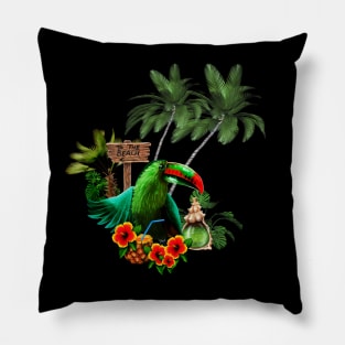 Tropical design with cute toucan with a drink and palm trees Pillow