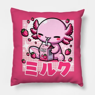 Kawaii Axolotl Drinking Strawberry Milk Pillow