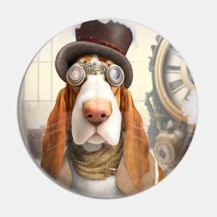 Cute Basset Hound Steampunk Style with Goggles Pin
