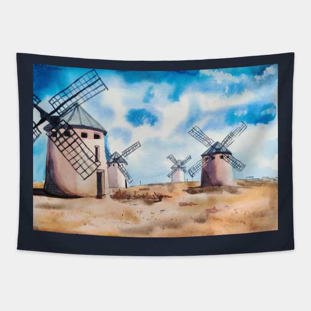 Castilla La Mancha Spanish Landscape illustration Tapestry by Ala Lopatniov