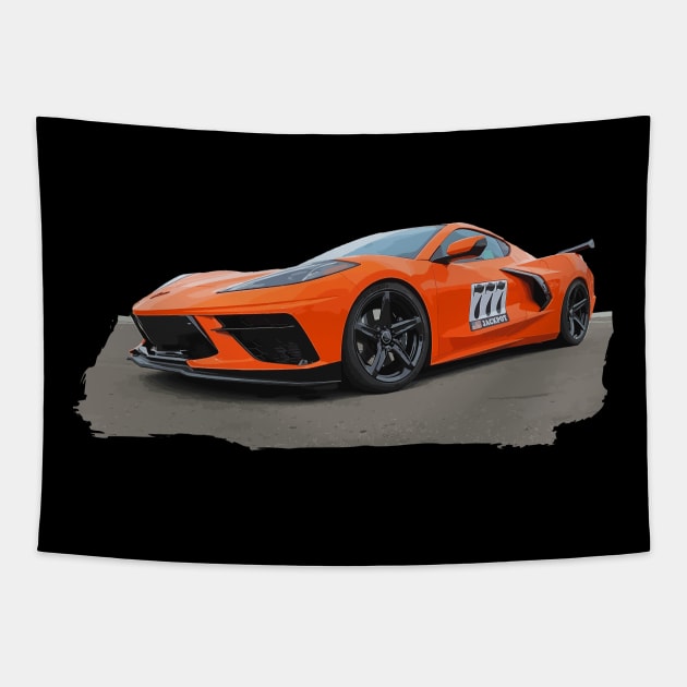 Orange C8 Corvette Jackpot 777 Supercar Racecar Sports Car Muscle Car Corvette C8 Tapestry by Tees 4 Thee