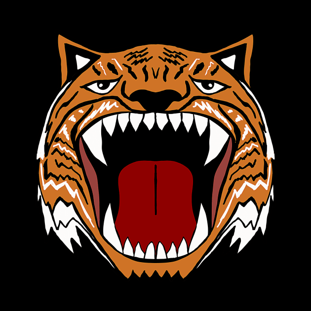 Fierce Roaring orange and black tiger with sharp teeth by galaxieartshop