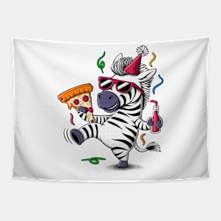 Zebra illustration in a party hat and sunglasses with a pizza. Tapestry