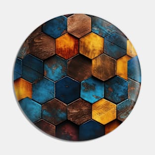 Geometric Timber: Crystalline Hexagons in Amber and Blue Pin