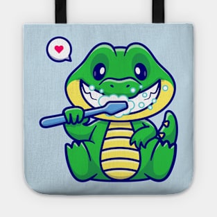 Cute Crocodile Brushing Teeth Cartoon Tote