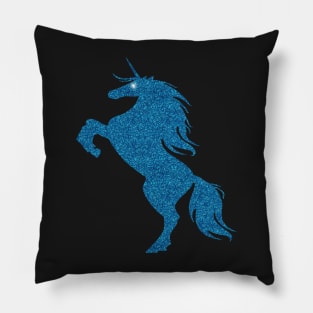 Blue Faux Glitter Magical Rearing Unicorn Pillow