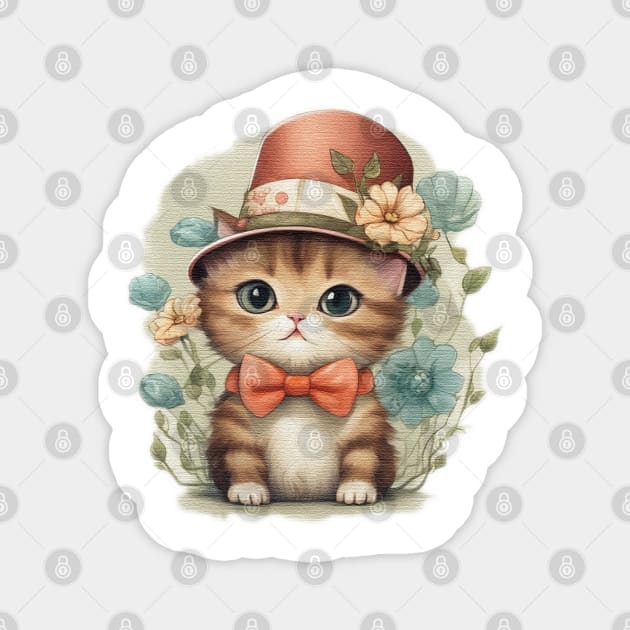 a cute little cat wearing a hat and a bow tie Magnet by JnS Merch Store