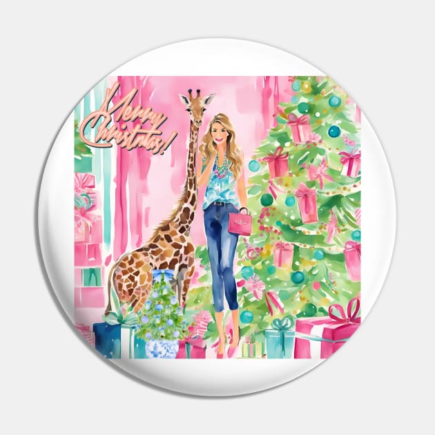 Preppy girl and giraffe decorating Christmas tree Pin by SophieClimaArt