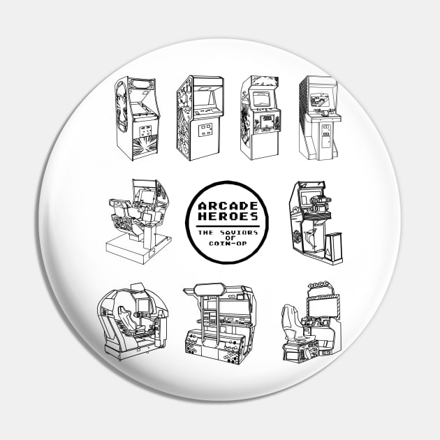 Surrounded By Arcades - Arcade Heroes (B&W) Pin by arcadeheroes