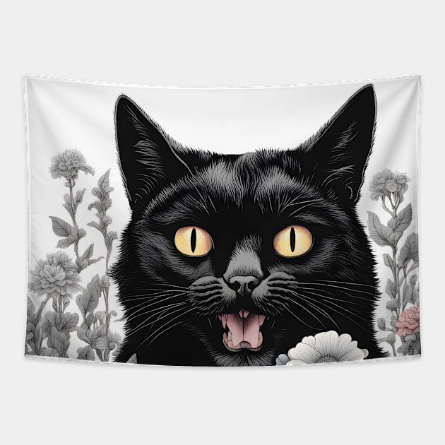 retro black cat flowers Tapestry by CAFFEIN