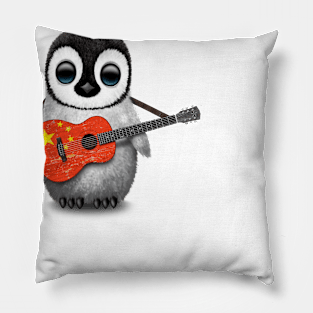 Baby Penguin Playing Chinese Flag Guitar Pillow