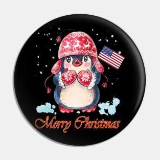 Cute Penguins With American Flag Merry Christmas Pin