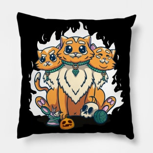 Cute Creepy 3 Headed Cat Skull Halloween Pumpkin Pillow