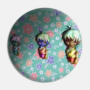 3 dark elves and cats on a green background Pin