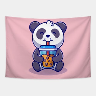 Cute Panda Drinking Boba Milk Tea Cartoon Tapestry