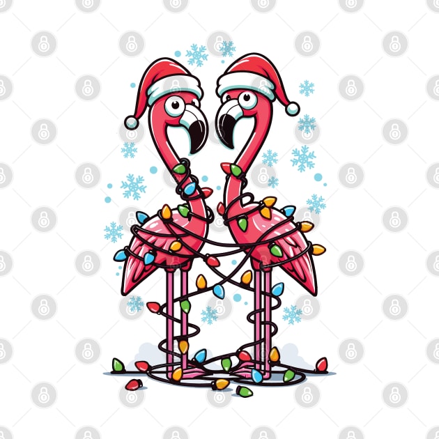 Festive Flamingos Tangled in Christmas Lights by Graphic Duster