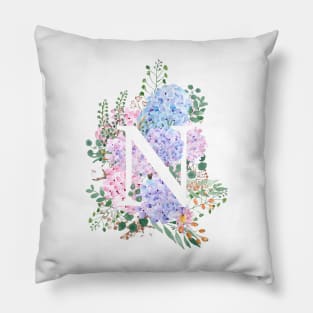 botanical monogram alphabet N hydrangea flowers Pillow