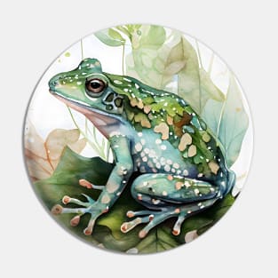 A Green Frog Sitting on a Leaf Watercolor Design Pin