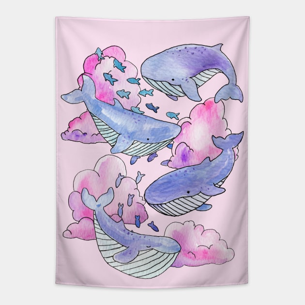 Whales & Fish Swimming Within Dreamy Pink & Purple Clouds Tapestry by Milamoo