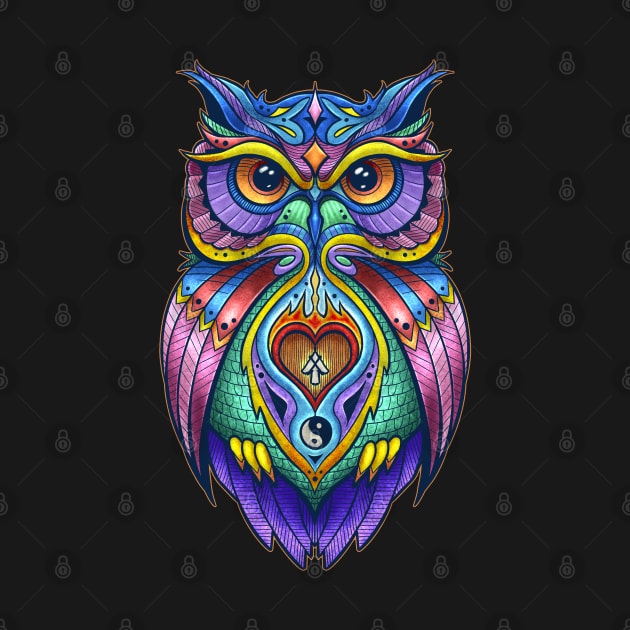 OWL Warrior Tattoo Design, Colorful Zen Spirit Animal by Robbgoblin