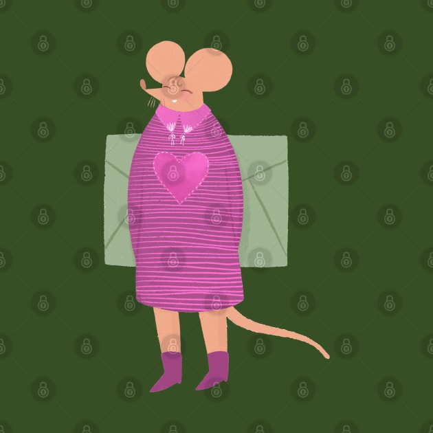 Cute girl mouse in pink dress with love letter by iulistration