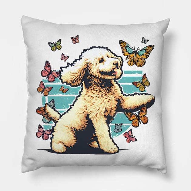 Goldendoodle catching butterflies Pillow by SimpliPrinter