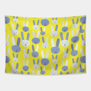 Blue bunnies. Collage bunnies. Doodle bunny. Blue bunnies on a lime background. Blue rabbit. Cute babies and children's fabric. Tapestry