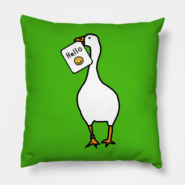 White Goose with Stolen Hello Greeting Pillow by ellenhenryart