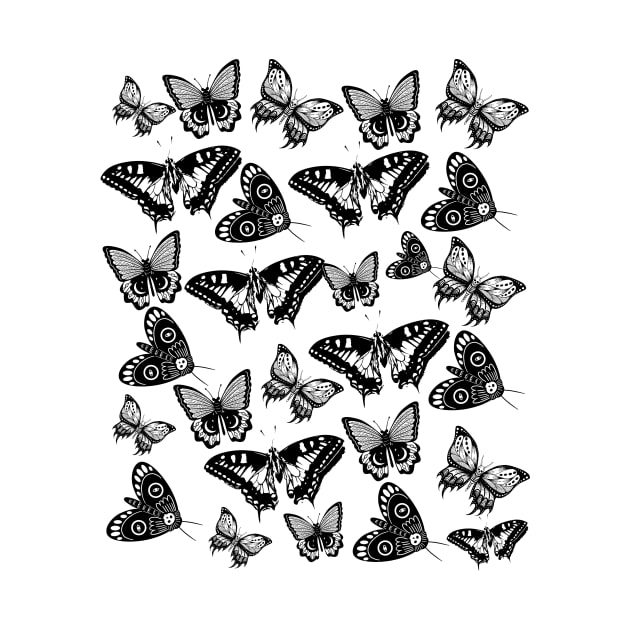 Butterfly Pattern - Black And White Butterflies And Moths by Double E Design