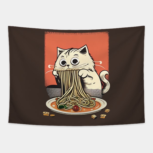 CAT EATING SPAGUETTI Tapestry by TheABStore