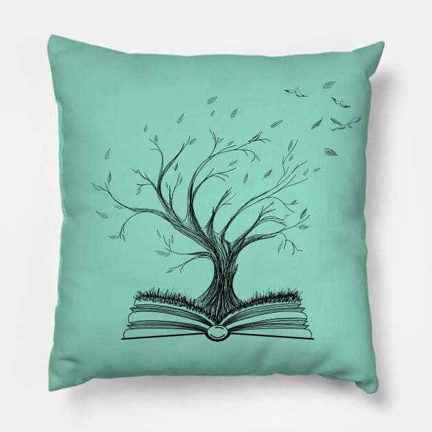 Life and Knowledge Tree Growing from Opened Book Pillow by Wolshebnaja