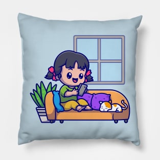 Cute Girl Operating Phone With Cat Cartoon Pillow