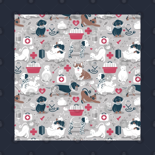 Veterinary medicine, happy and healthy friends // pattern // grey background red details navy blue white and brown cats dogs and other animals by SelmaCardoso