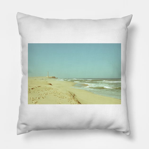 Lighthouse on a beach in Dakhla Pillow by calamarisky