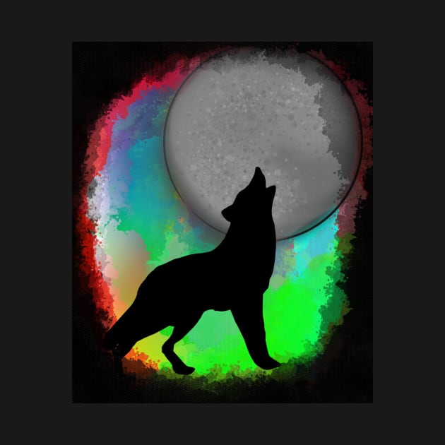 Neon colors wolf howling at the moon by Drawn by Nathally 