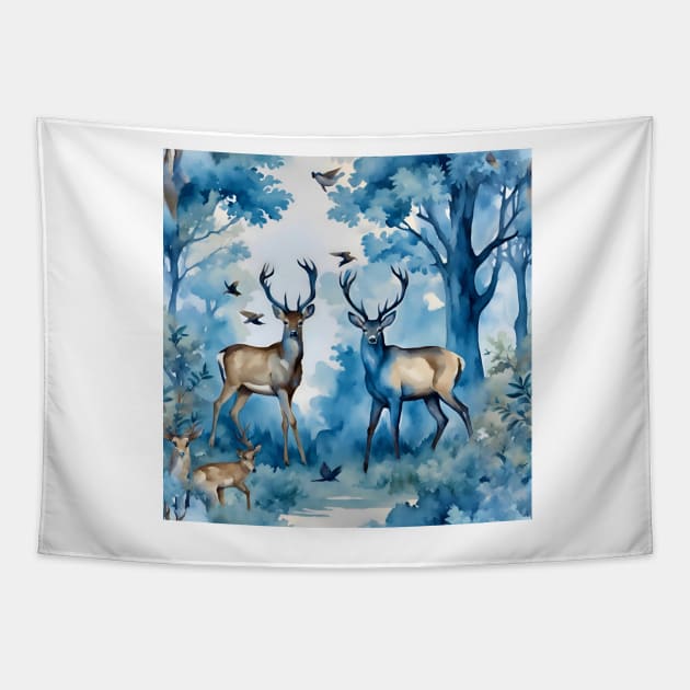 Aubusson tapestry style deer in the forest watercolor seamless pattern Tapestry by SophieClimaArt