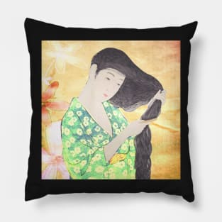 Beautiful Oriental Lady Brushing Her Hair Pillow