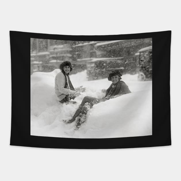 Girls in the Snow, 1922. Vintage Photo Tapestry by historyphoto